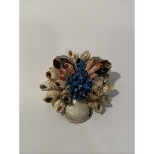 SEASHELL PIN Vintage Brooch Handcrafted Sea Shells Blue & Natural Round